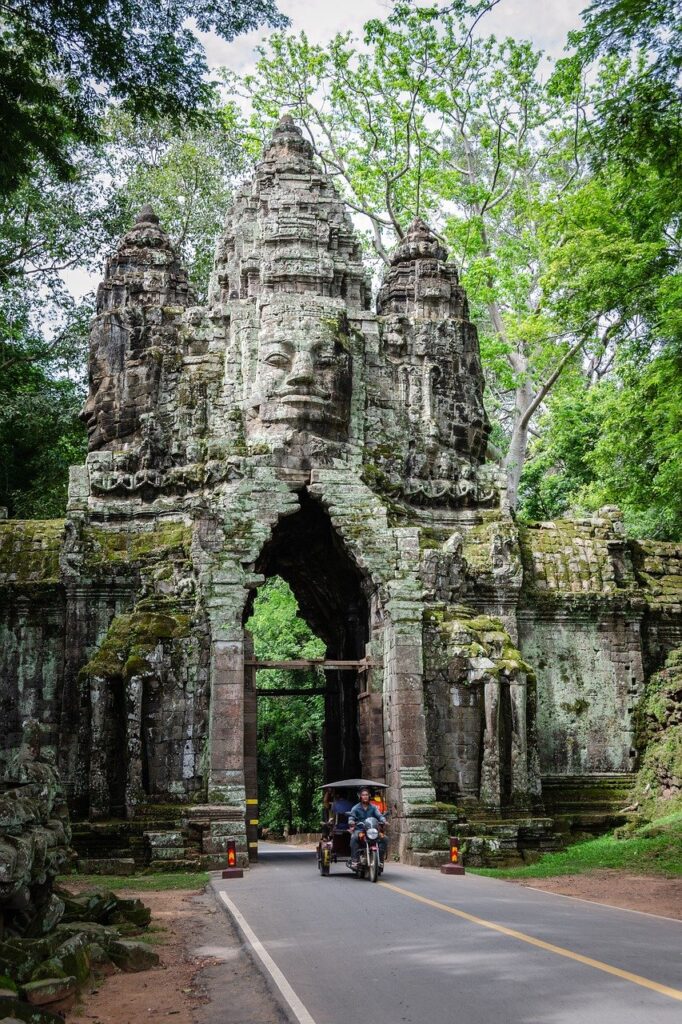 angkor thom, gate, victory gate, thvear chey, siem reap, cambodia, ancient, archeological, archeology, historic, ruins, old, temple gate, entrance, hindu, hinduism, unesco world heritage site, temple complex, religion, tuk tuk, tourism, carvings, cambodia, cambodia, cambodia, cambodia, cambodia